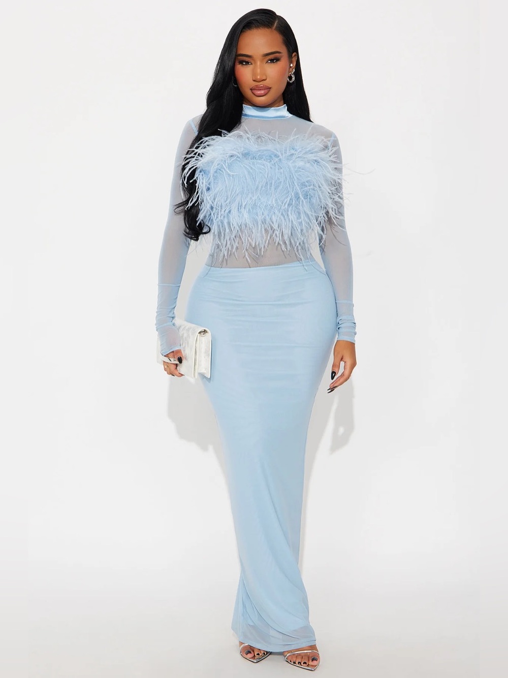 Fashion Nova Light Blue Feather Sheer Mesh Maxi Dress - size XS - NWT
